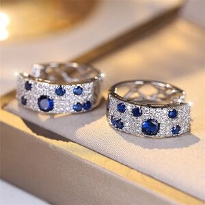 - Gorgeous Sparkly White Gold Filled Blue Sapphire Diamond PolkaDot C Hoop…